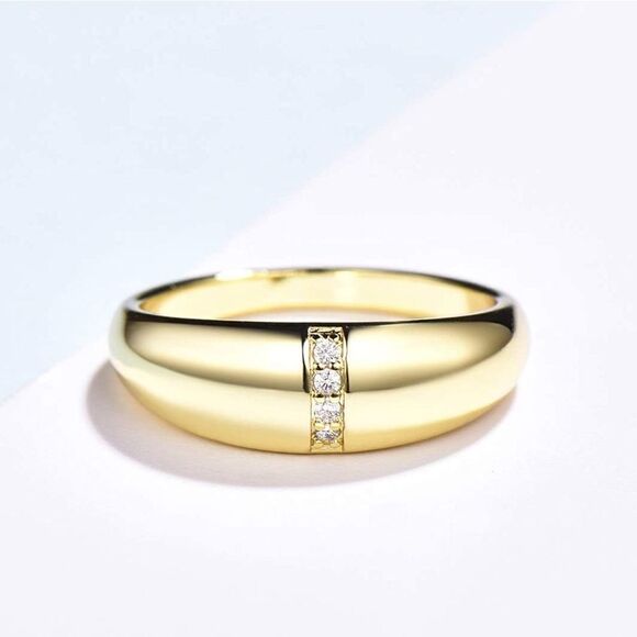 14k Gold Dome Ring with Zircon Diamond Inlay - Picture 3 of 4